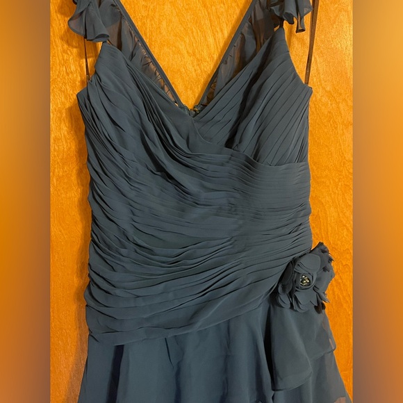 Camille La Vie Gathered Chiffon Ruffle Gown Dark Teal Dress - Picture 4 of 8